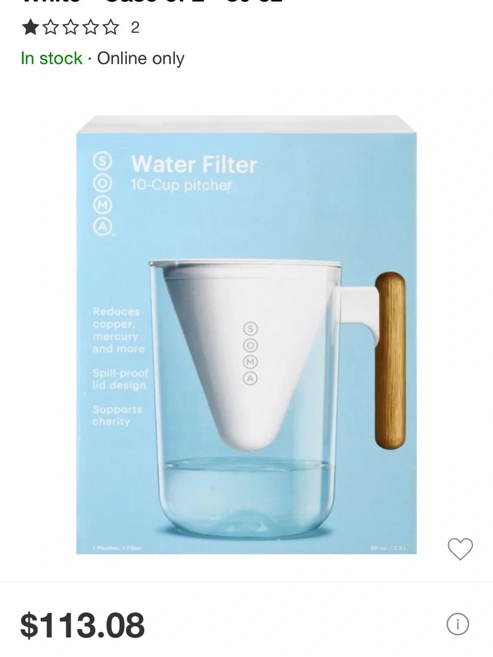 Soma Clear Glass Water Filter Pitcher with White Filter and Wood-Effect Handle